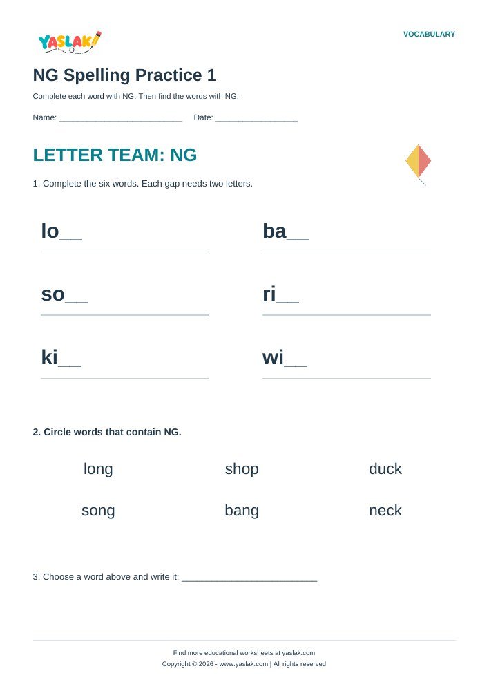 NG Spelling Practice 1 worksheet with YASLAK logo and copyright