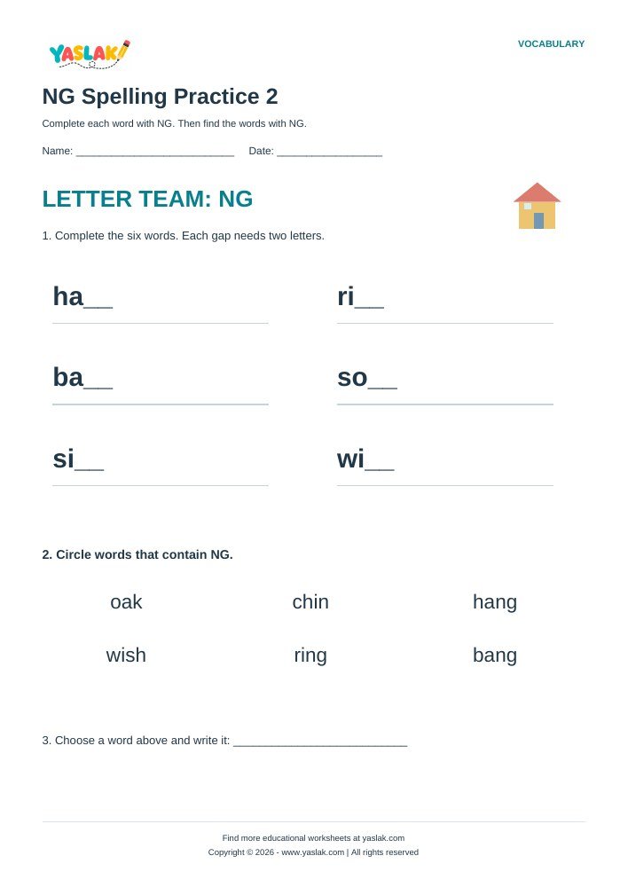 NG Spelling Practice 2 worksheet with YASLAK logo and copyright