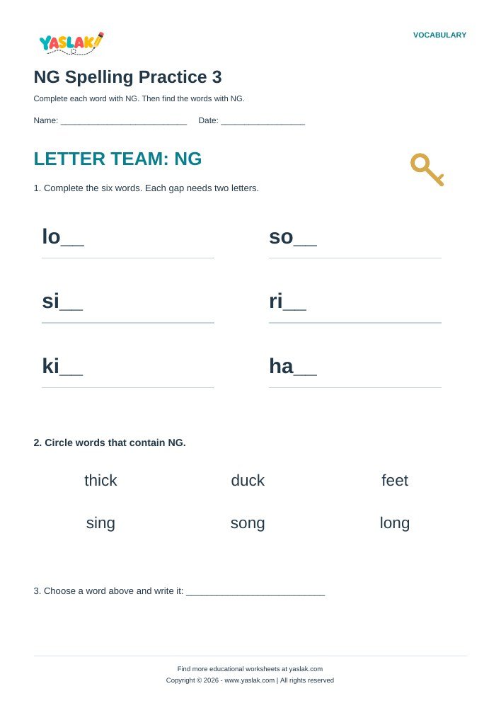 NG Spelling Practice 3 worksheet with YASLAK logo and copyright