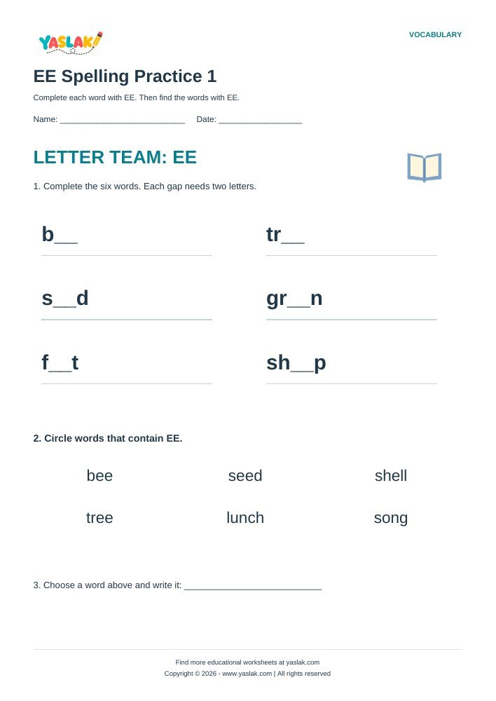 EE Spelling Practice 1 worksheet with YASLAK logo and copyright