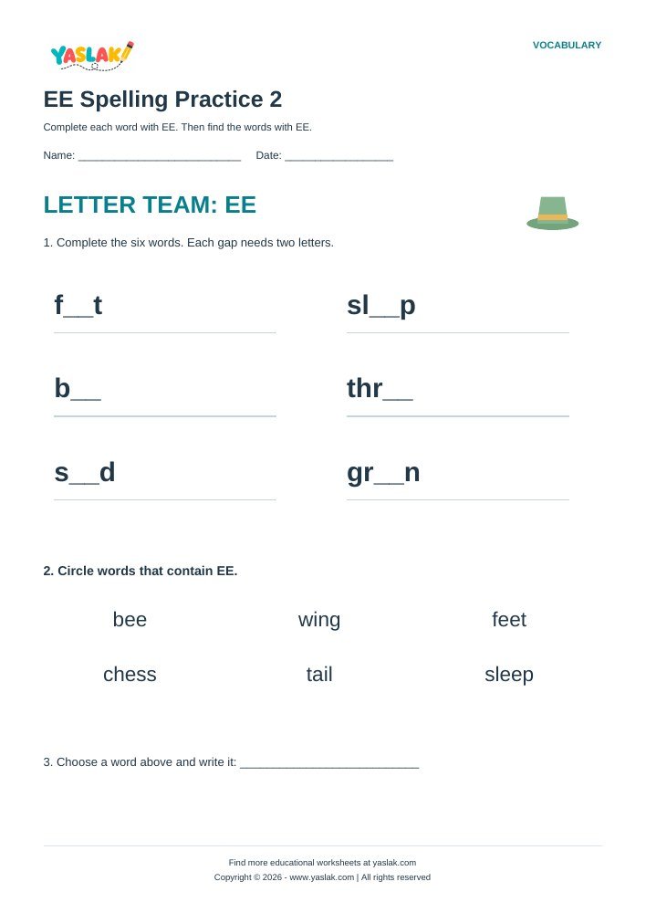 EE Spelling Practice 2 worksheet with YASLAK logo and copyright
