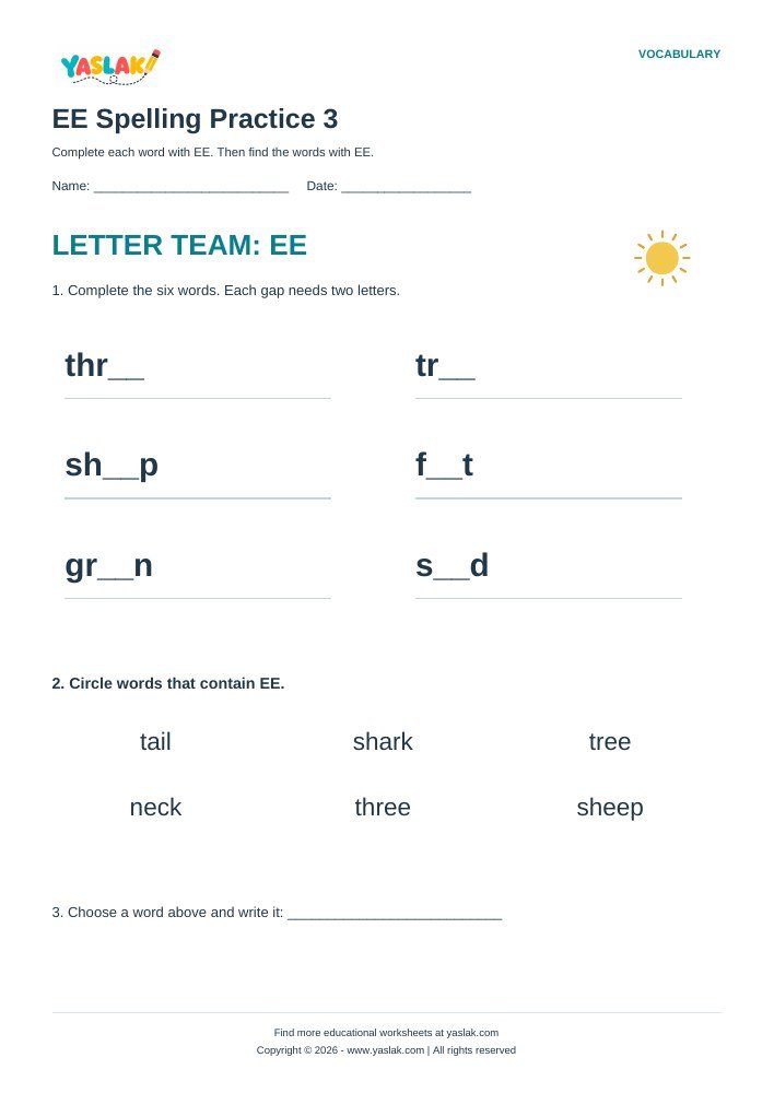 EE Spelling Practice 3 worksheet with YASLAK logo and copyright