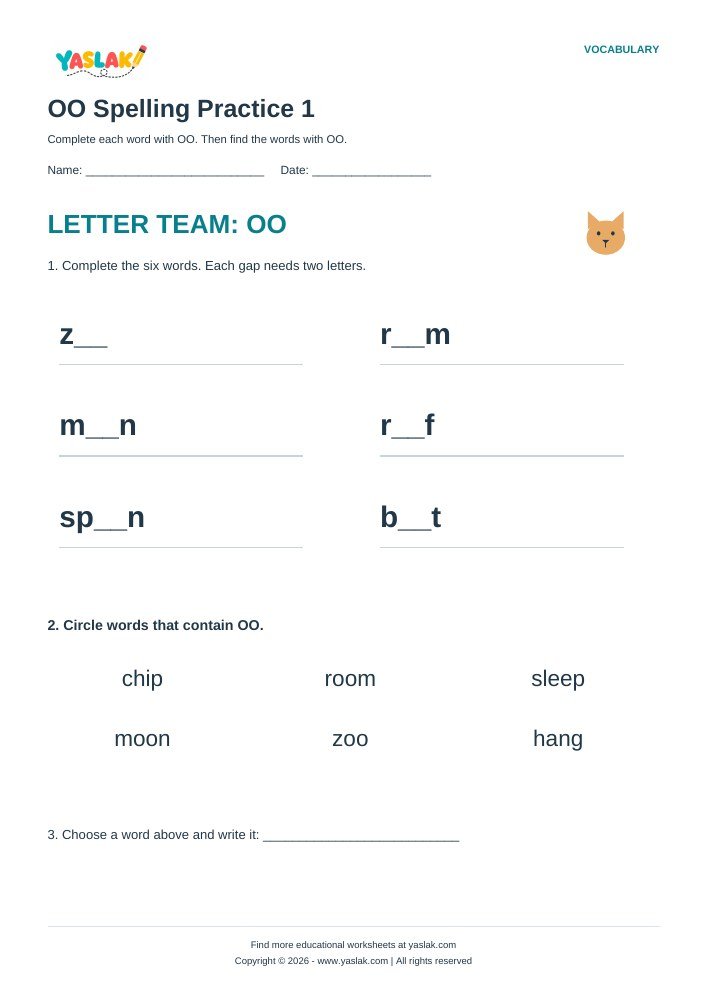 OO Spelling Practice 1 worksheet with YASLAK logo and copyright