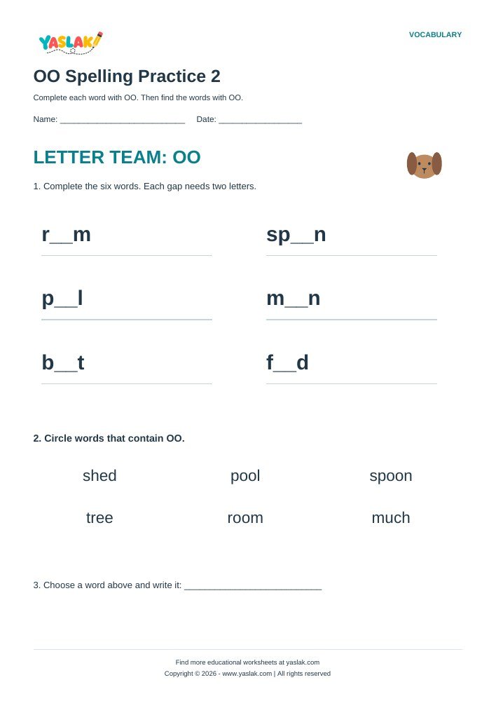 OO Spelling Practice 2 worksheet with YASLAK logo and copyright