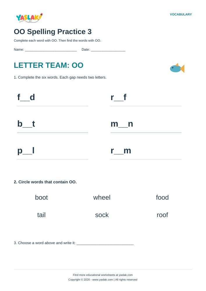 OO Spelling Practice 3 worksheet with YASLAK logo and copyright