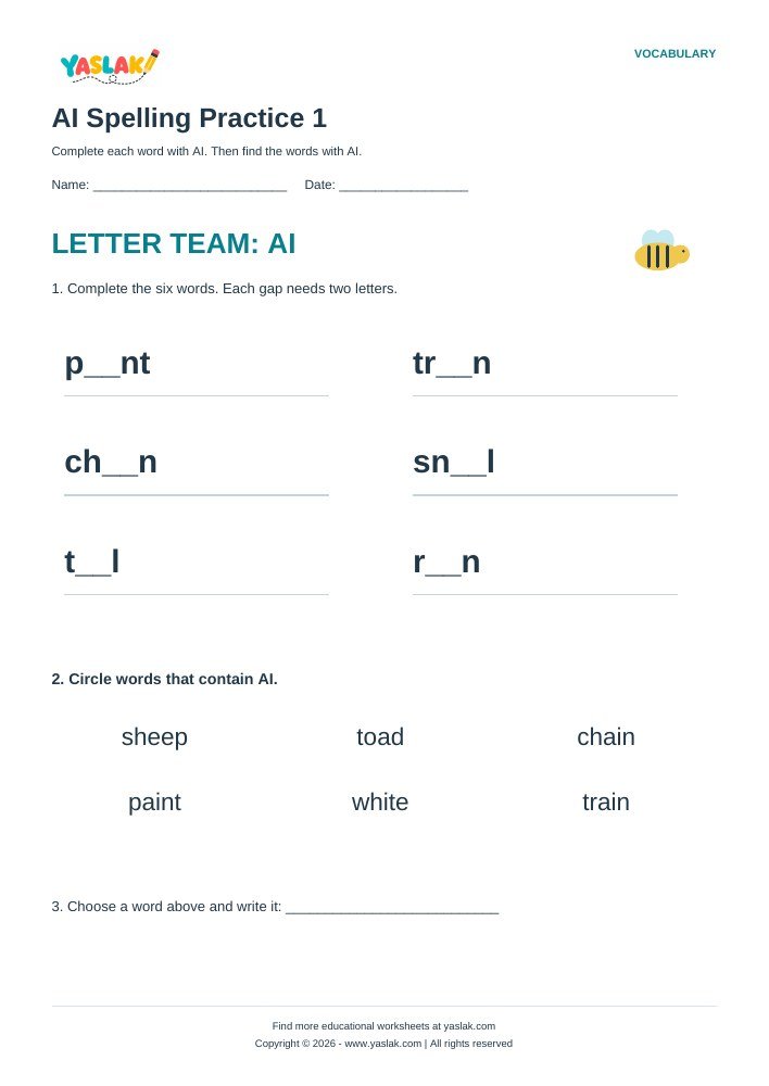 AI Spelling Practice 1 worksheet with YASLAK logo and copyright