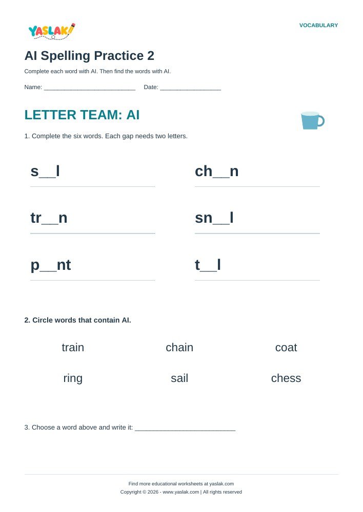 AI Spelling Practice 2 worksheet with YASLAK logo and copyright