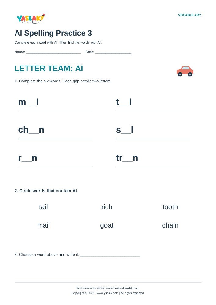 AI Spelling Practice 3 worksheet with YASLAK logo and copyright