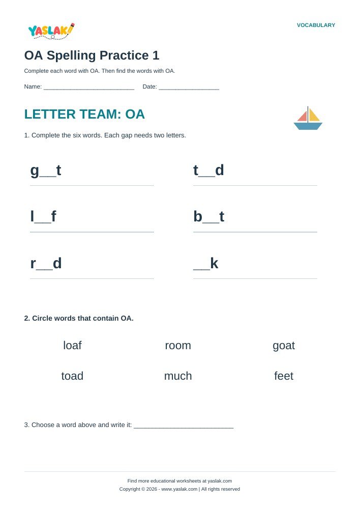 OA Spelling Practice 1 worksheet with YASLAK logo and copyright