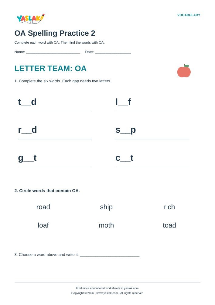OA Spelling Practice 2 worksheet with YASLAK logo and copyright