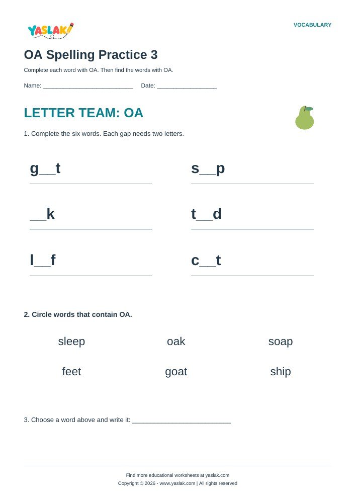 OA Spelling Practice 3 worksheet with YASLAK logo and copyright