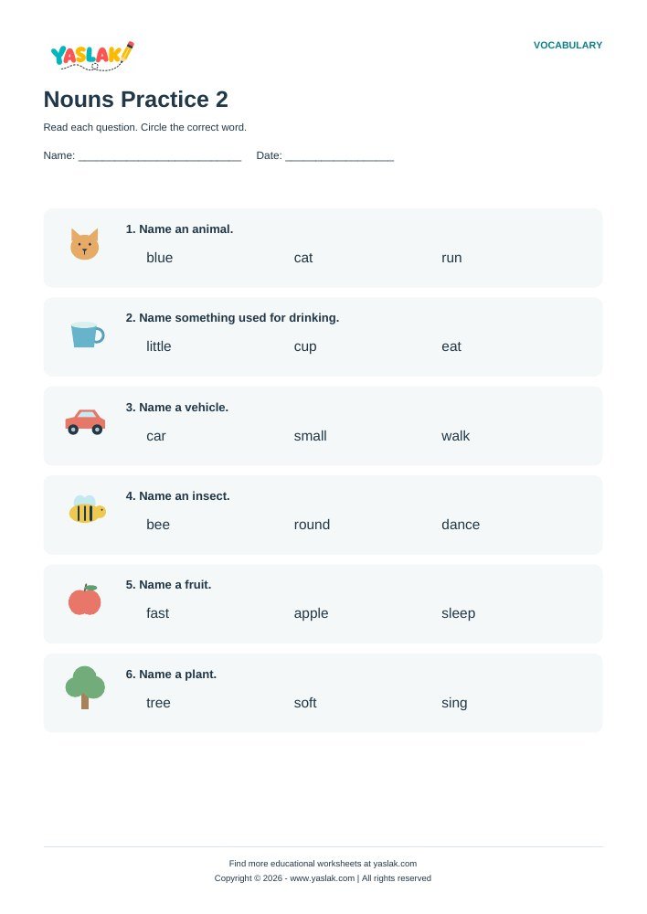 Nouns Practice 2 worksheet with YASLAK logo and copyright