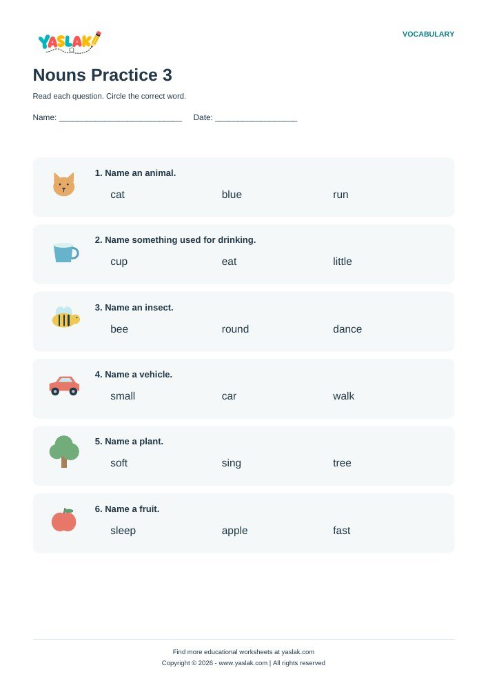 Nouns Practice 3 worksheet with YASLAK logo and copyright