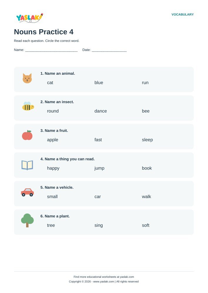 Nouns Practice 4 worksheet with YASLAK logo and copyright