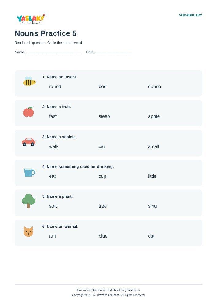 Nouns Practice 5 worksheet with YASLAK logo and copyright