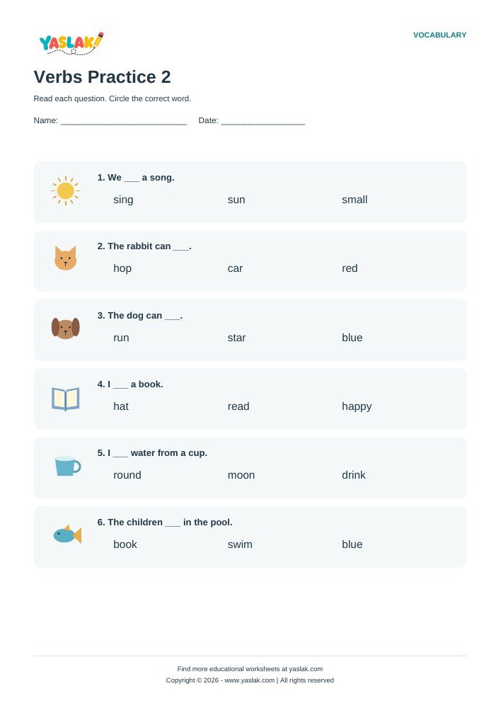 Verbs Practice 2 worksheet with YASLAK logo and copyright