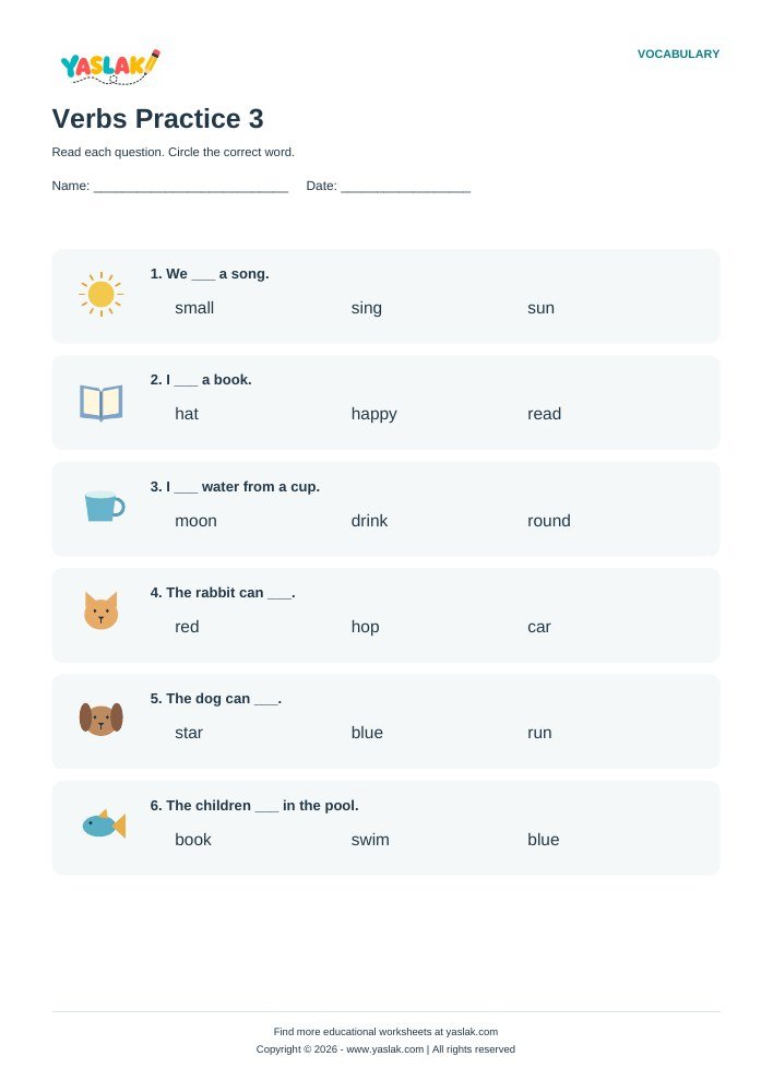 Verbs Practice 3 worksheet with YASLAK logo and copyright