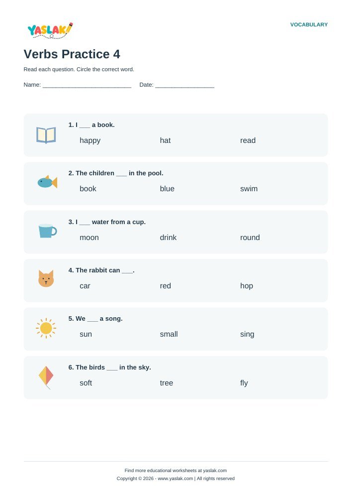 Verbs Practice 4 worksheet with YASLAK logo and copyright