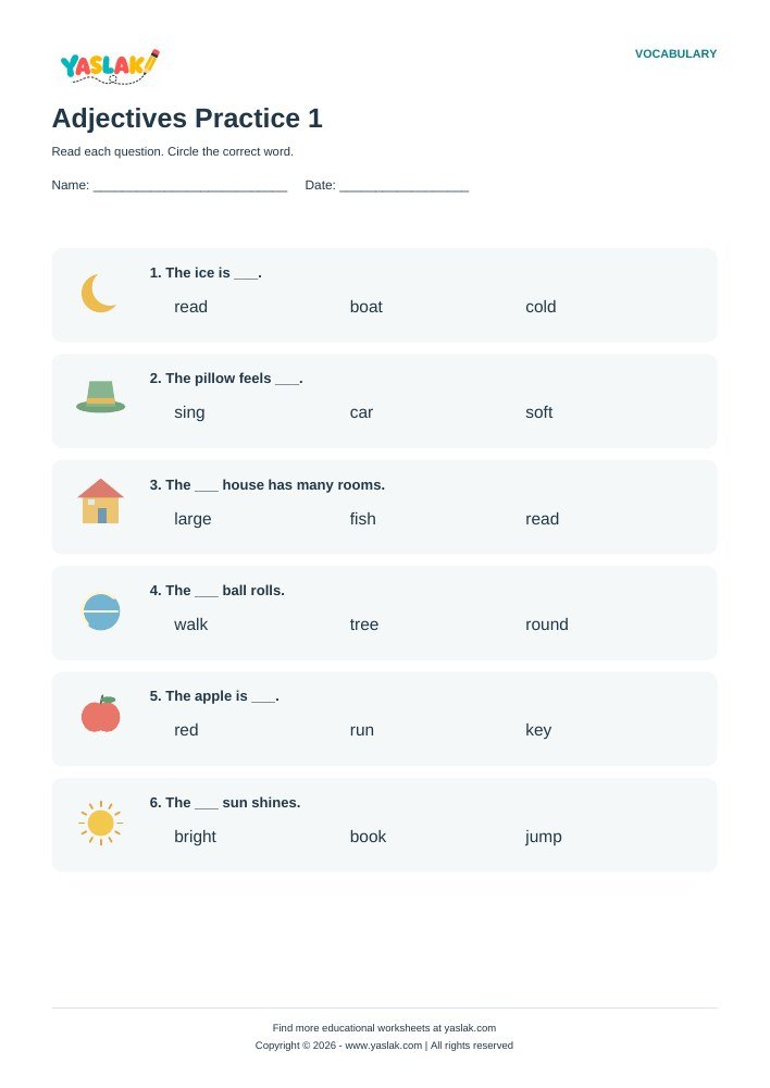 Adjectives Practice 1 worksheet with YASLAK logo and copyright