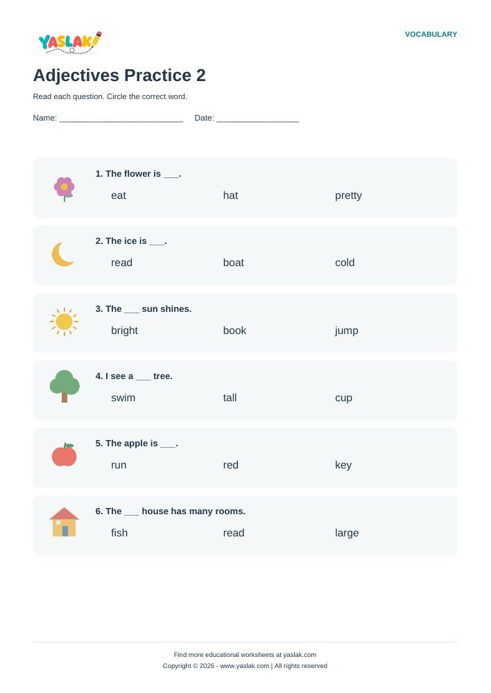 Adjectives Practice 2 worksheet with YASLAK logo and copyright