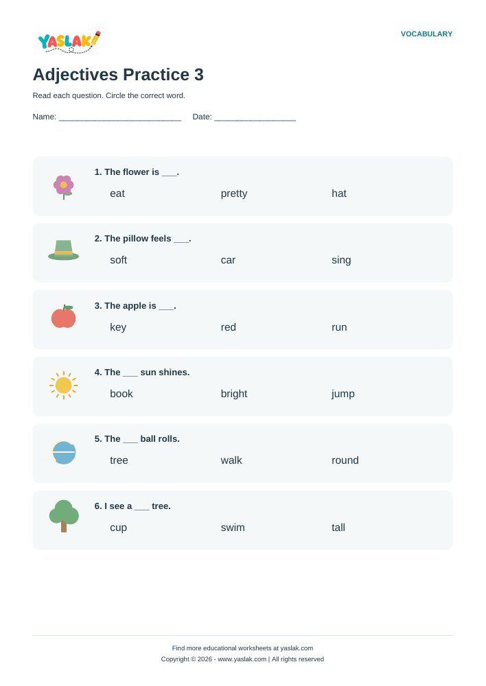 Adjectives Practice 3 worksheet with YASLAK logo and copyright