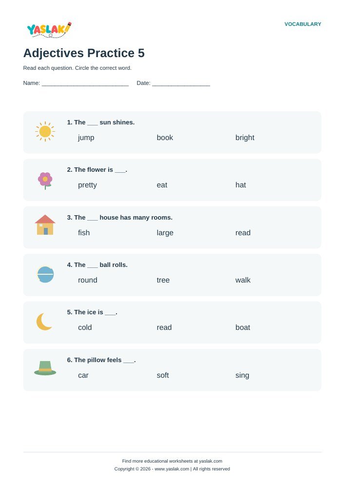 Adjectives Practice 5 worksheet with YASLAK logo and copyright