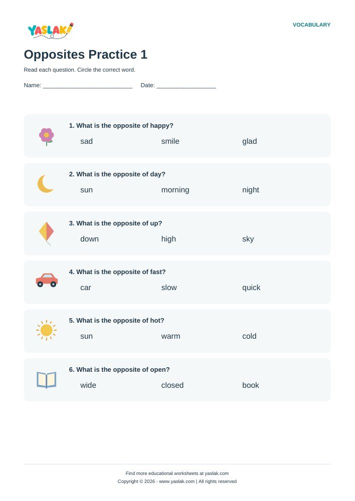 Opposites Practice 1 worksheet with YASLAK logo and copyright