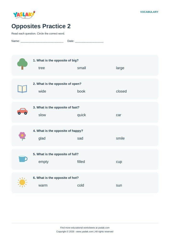 Opposites Practice 2 worksheet with YASLAK logo and copyright