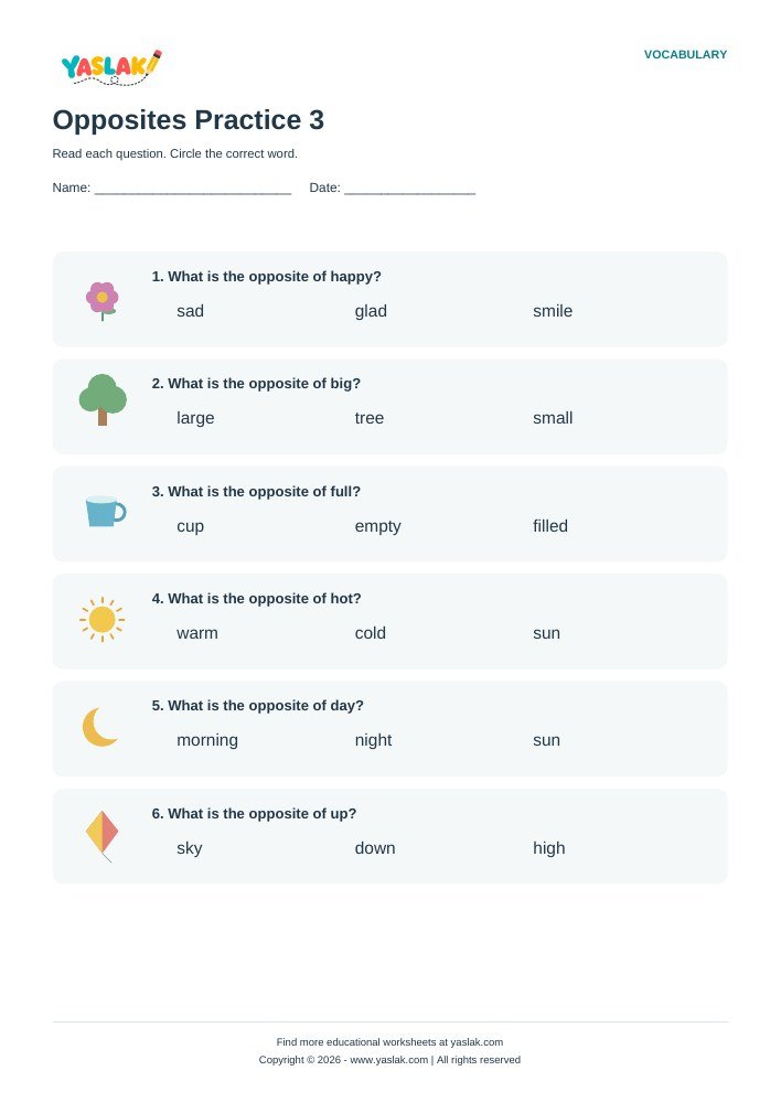 Opposites Practice 3 worksheet with YASLAK logo and copyright