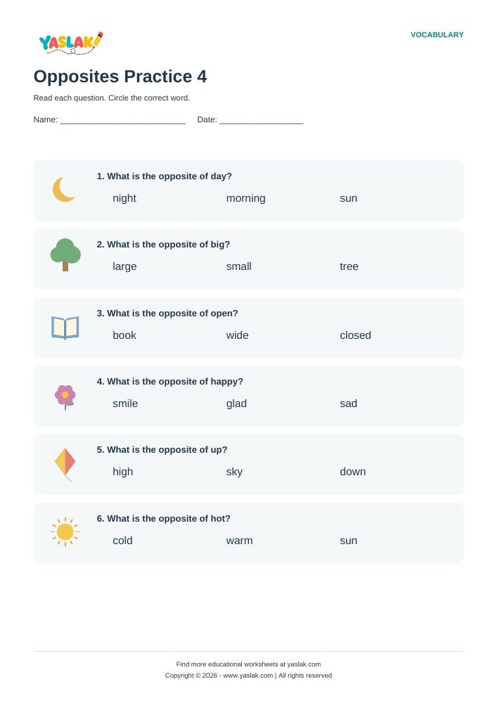 Opposites Practice 4 worksheet with YASLAK logo and copyright