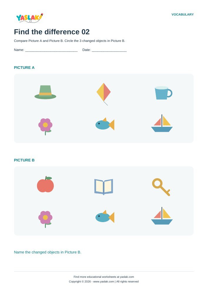 Find the difference 02 worksheet with YASLAK logo and copyright