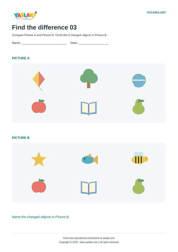 Find the difference 03 worksheet with YASLAK logo and copyright