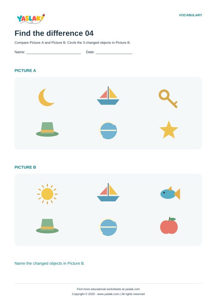 Find the difference 04 worksheet with YASLAK logo and copyright