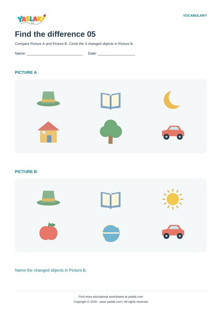 Find the difference 05 worksheet with YASLAK logo and copyright