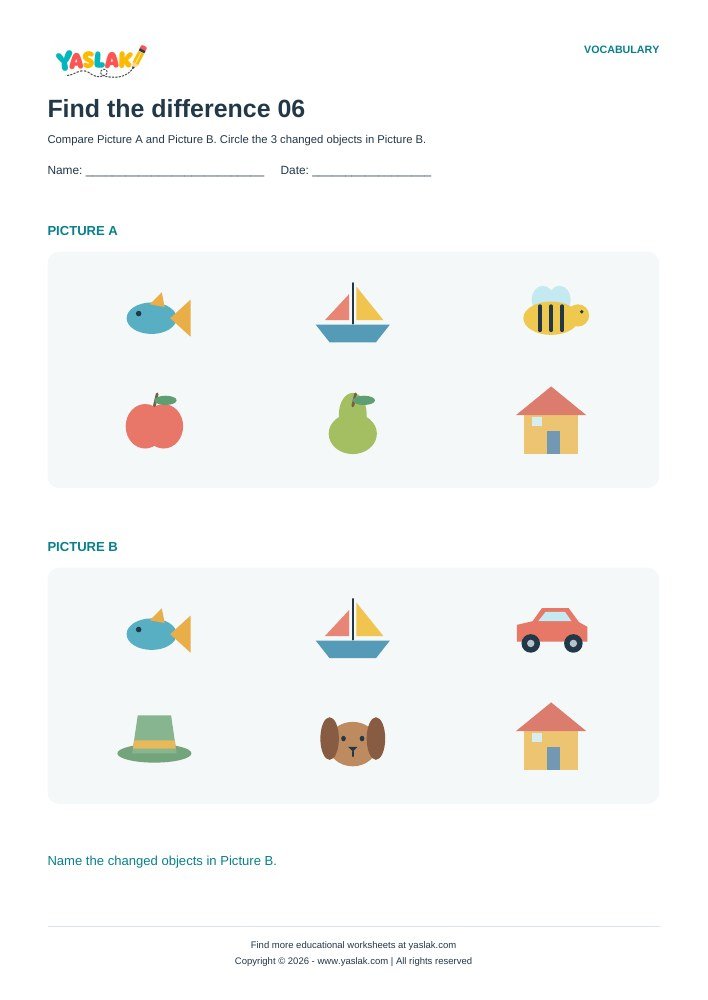 Find the difference 06 worksheet with YASLAK logo and copyright