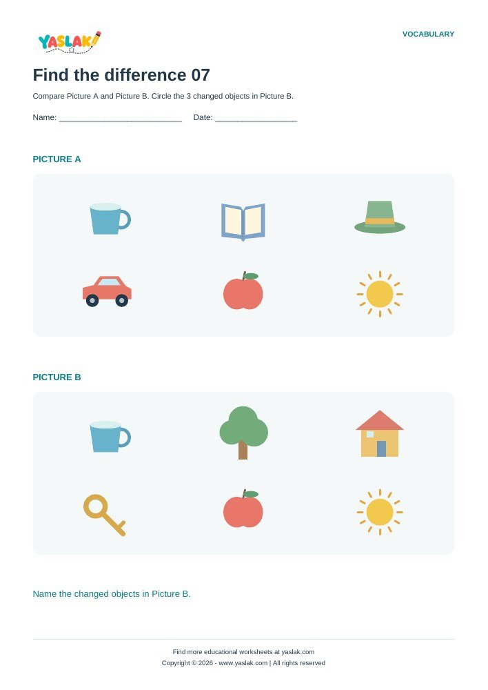 Find the difference 07 worksheet with YASLAK logo and copyright
