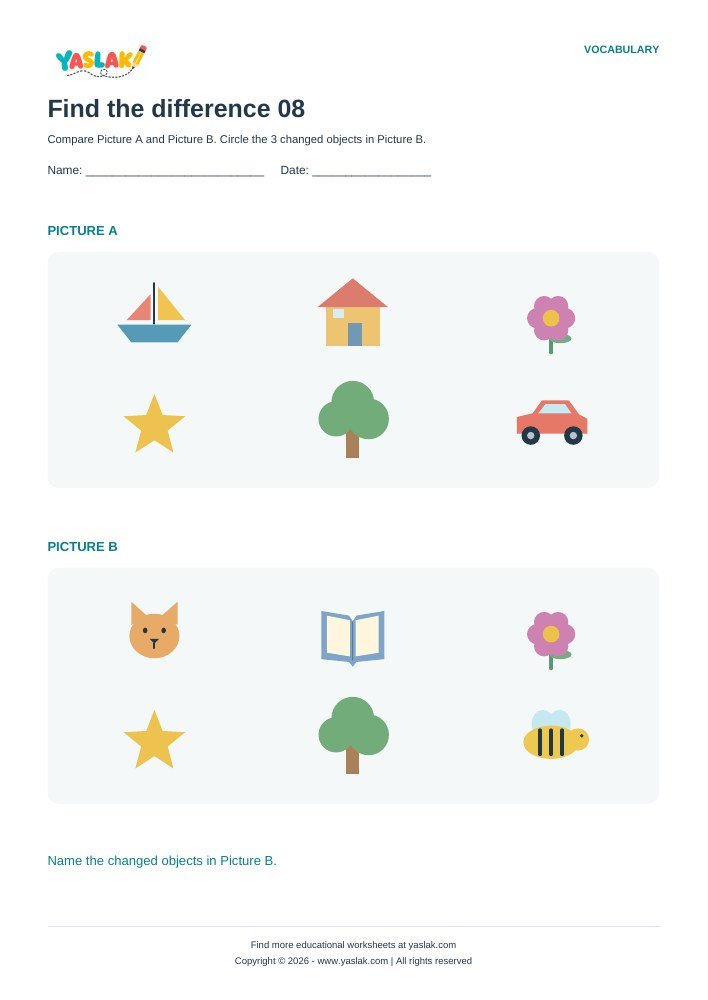 Find the difference 08 worksheet with YASLAK logo and copyright