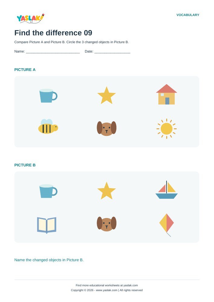 Find the difference 09 worksheet with YASLAK logo and copyright