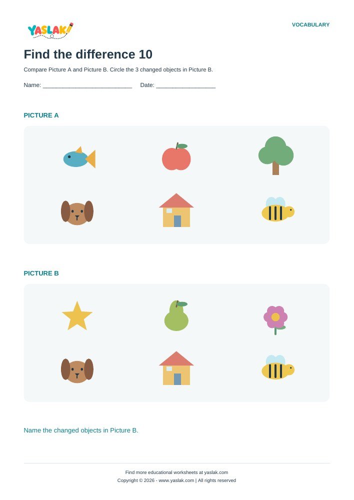 Find the difference 10 worksheet with YASLAK logo and copyright