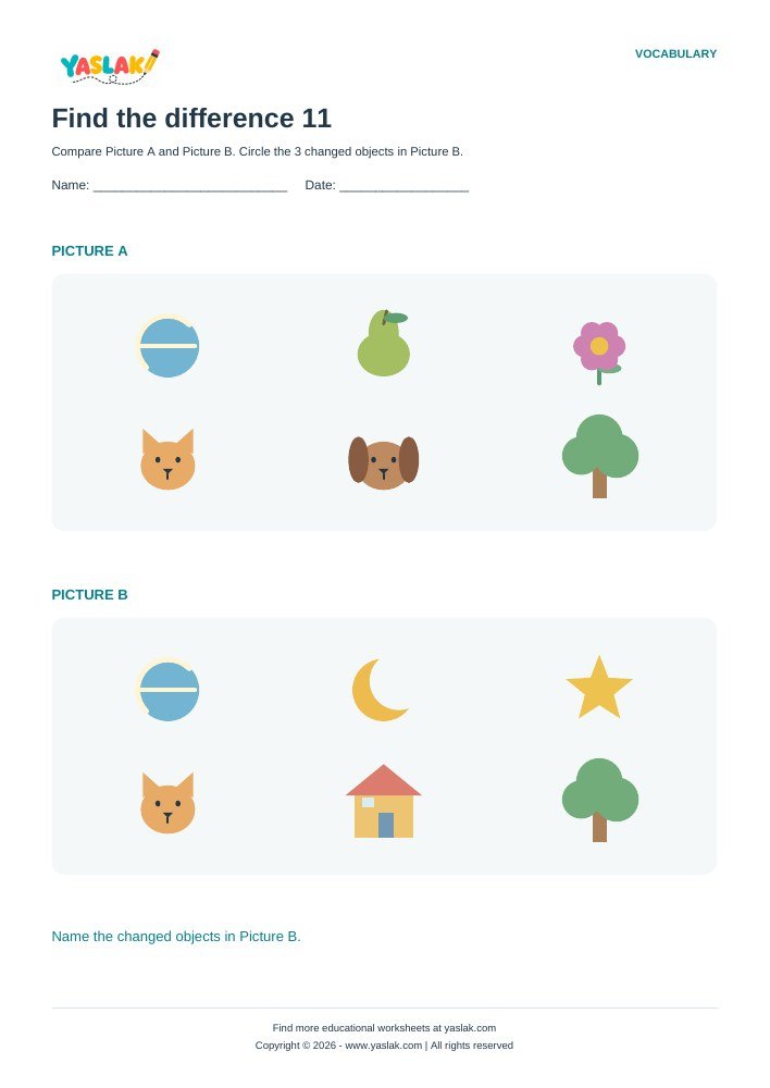 Find the difference 11 worksheet with YASLAK logo and copyright