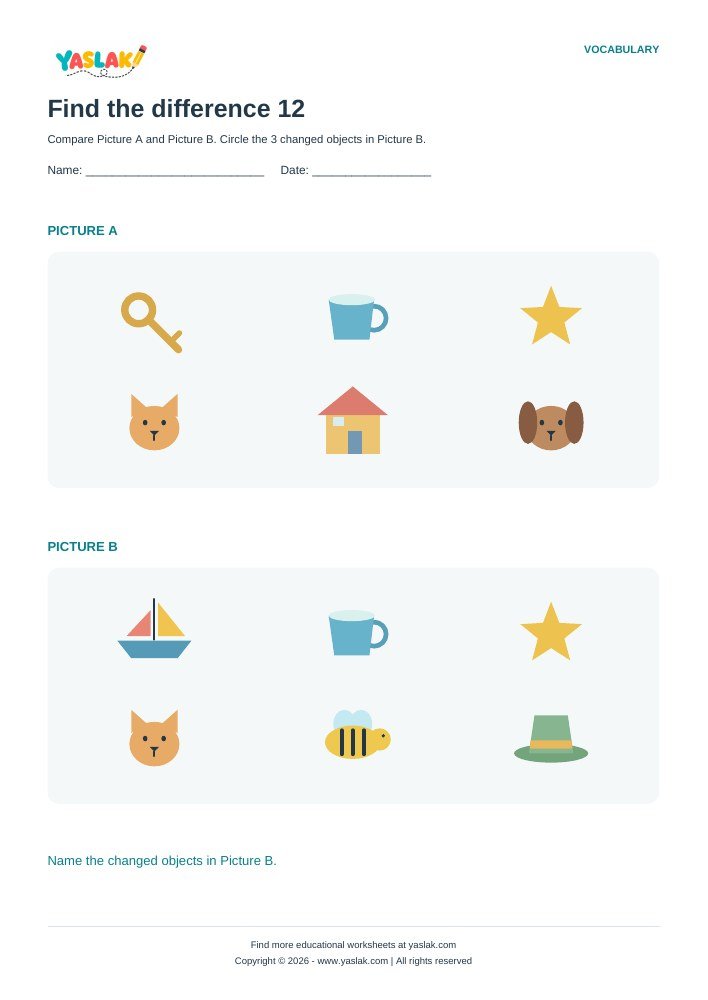 Find the difference 12 worksheet with YASLAK logo and copyright