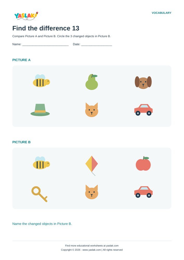 Find the difference 13 worksheet with YASLAK logo and copyright