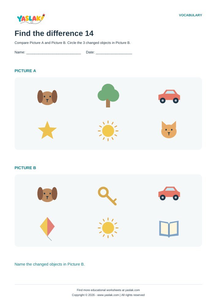 Find the difference 14 worksheet with YASLAK logo and copyright