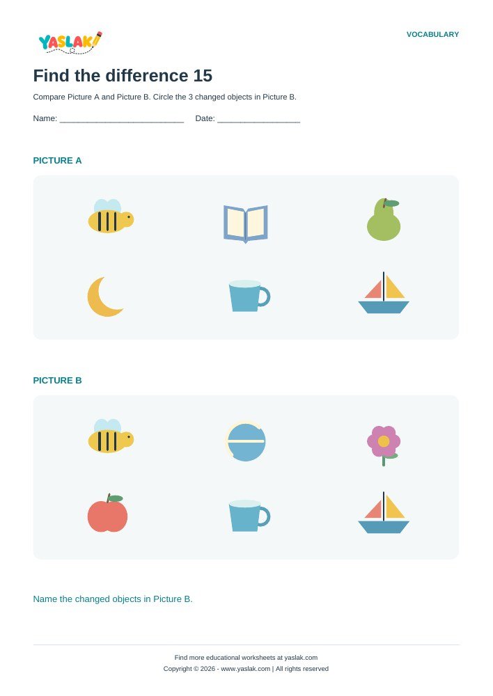 Find the difference 15 worksheet with YASLAK logo and copyright