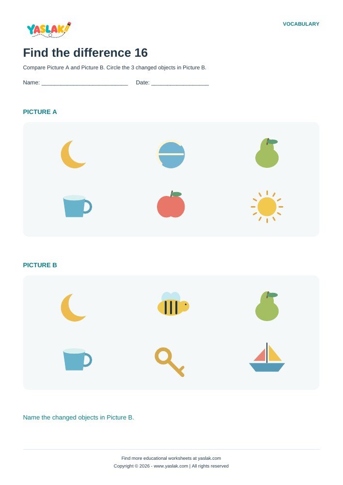 Find the difference 16 worksheet with YASLAK logo and copyright
