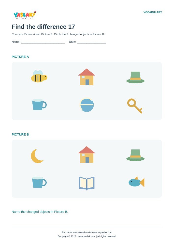 Find the difference 17 worksheet with YASLAK logo and copyright