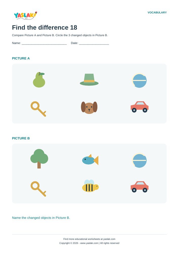 Find the difference 18 worksheet with YASLAK logo and copyright