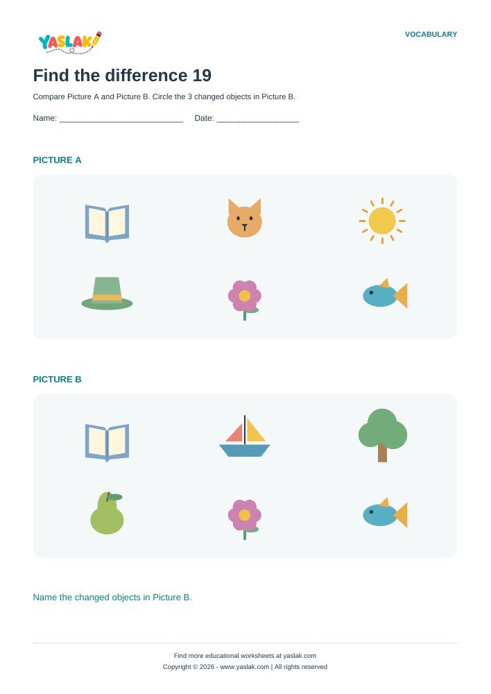 Find the difference 19 worksheet with YASLAK logo and copyright