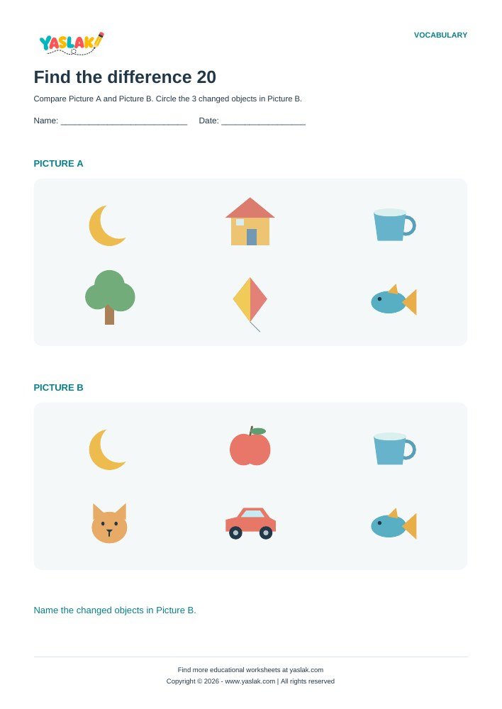 Find the difference 20 worksheet with YASLAK logo and copyright