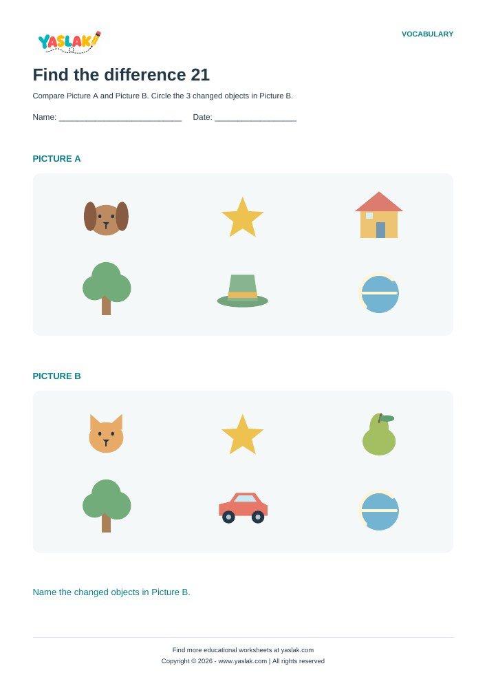 Find the difference 21 worksheet with YASLAK logo and copyright